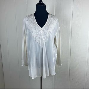 H&M Embroidered V-Neck Sheer Hi-Low Blouse with keyhole sleeves Size 2